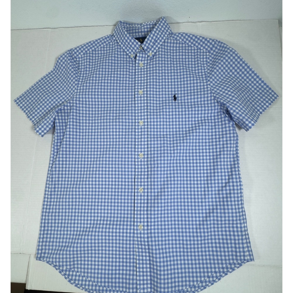 Ralph Lauren Gingham Button Down Boys‎ XL 18-20 Blue White Short Sleeve Preppy